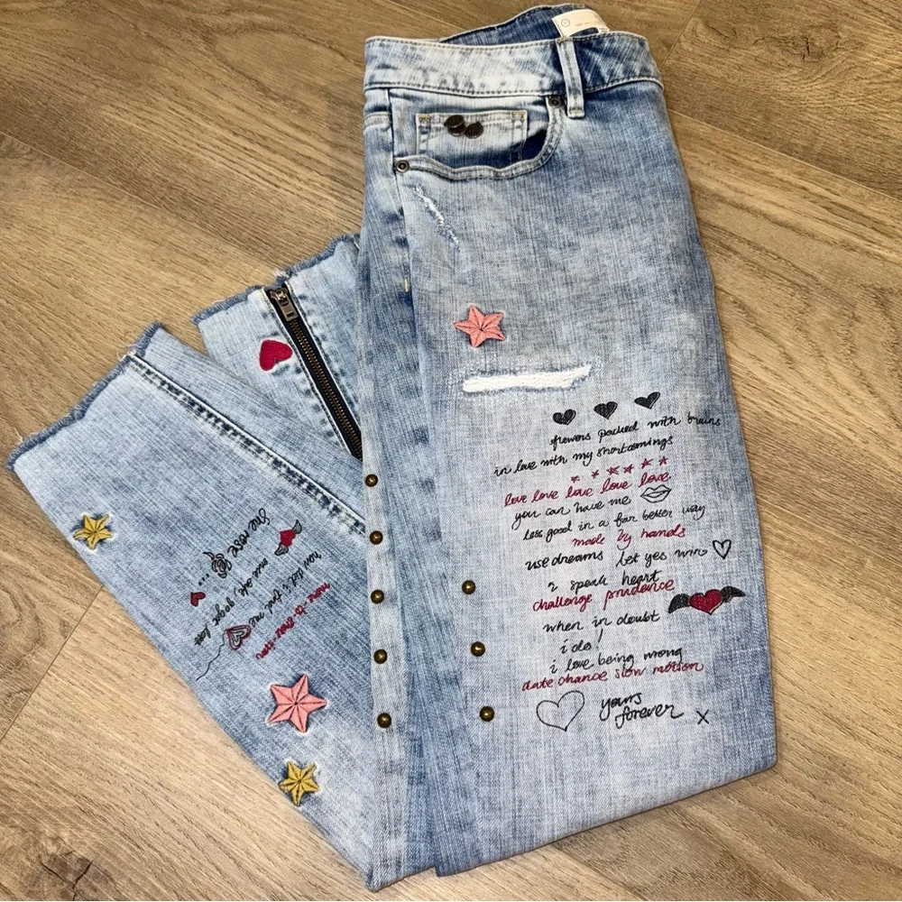 Odd Molly Groupie Cropped Jeans Painted & Embroidered Details Ankle Zip (31) - Picture 1 of 8